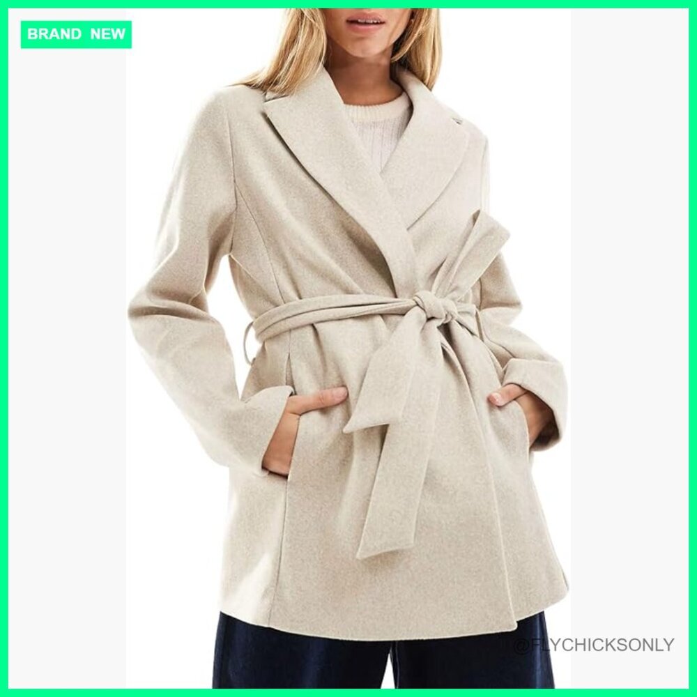 Wool Blend Pea Coat with Belt Notched Lapel Trench Slim Fit
